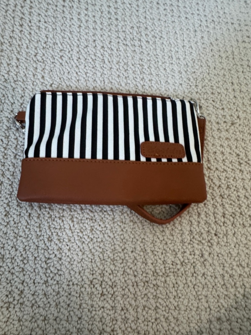 Navy & White Striped Wristlet Clutch with Brown Trim